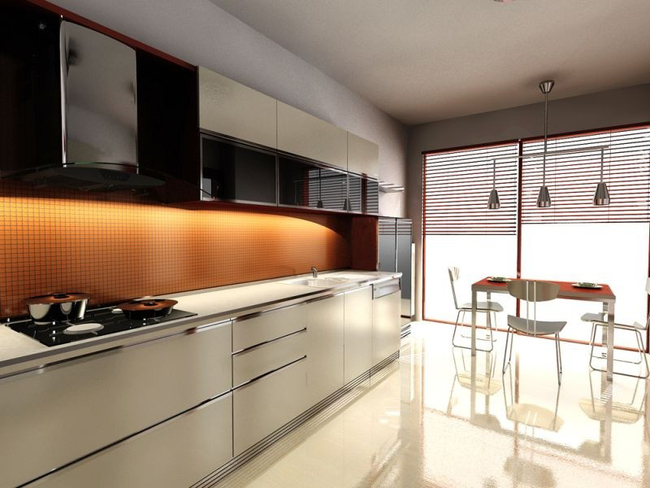 Kuhnya lineynaya bezhevaya s podsvetkoy