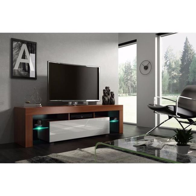 Meuble tv 160 cm noyer mdf et blanc laque avec led